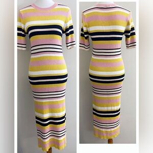 Frame Denim Cream and Black Ribbed Knit Midi Dress Casual Luxury